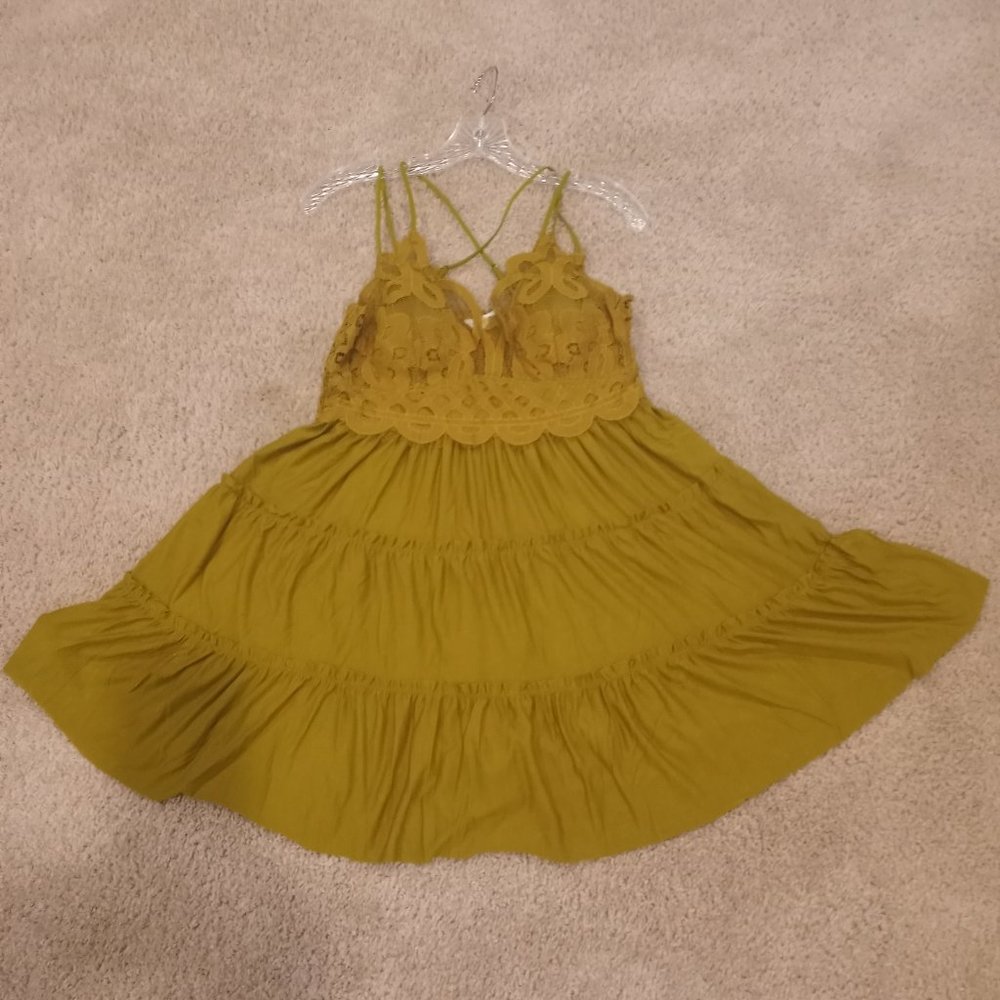 PLUS CROCHET LACE RUFFLE CAMI DRESS - Olive Mustard 1X - Picture 3 of 10